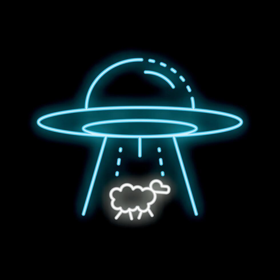 Neon icon of ufo abducting sheep with tractor beam vector