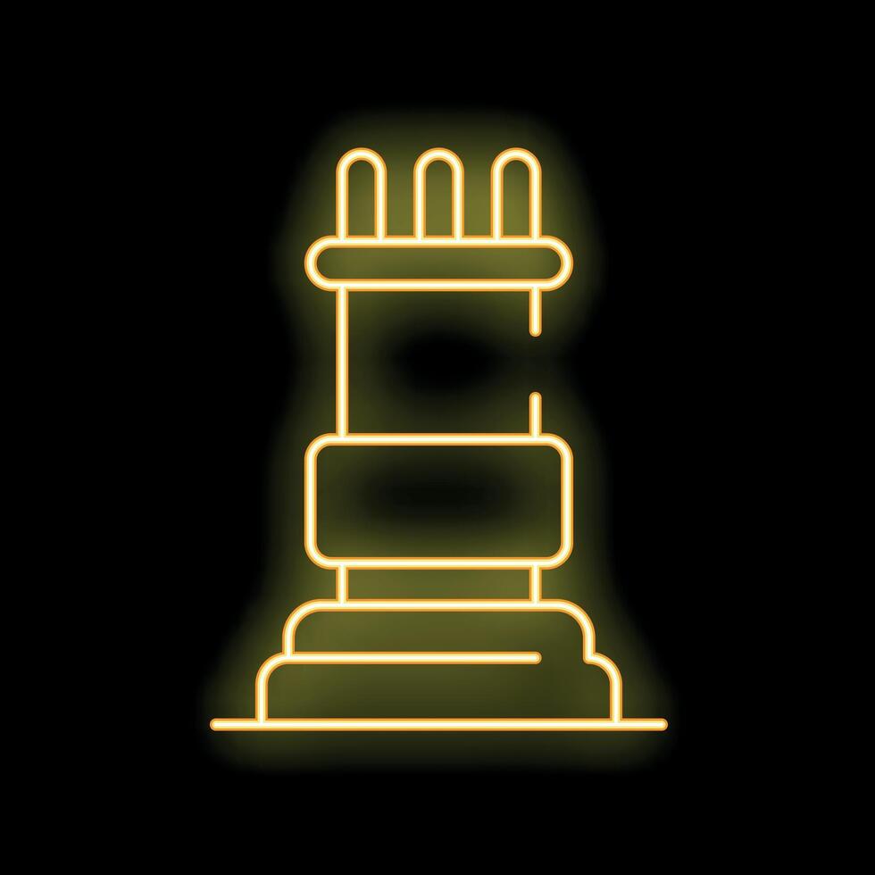 Yellow neon icon of a rook chess piece glowing on a black background vector