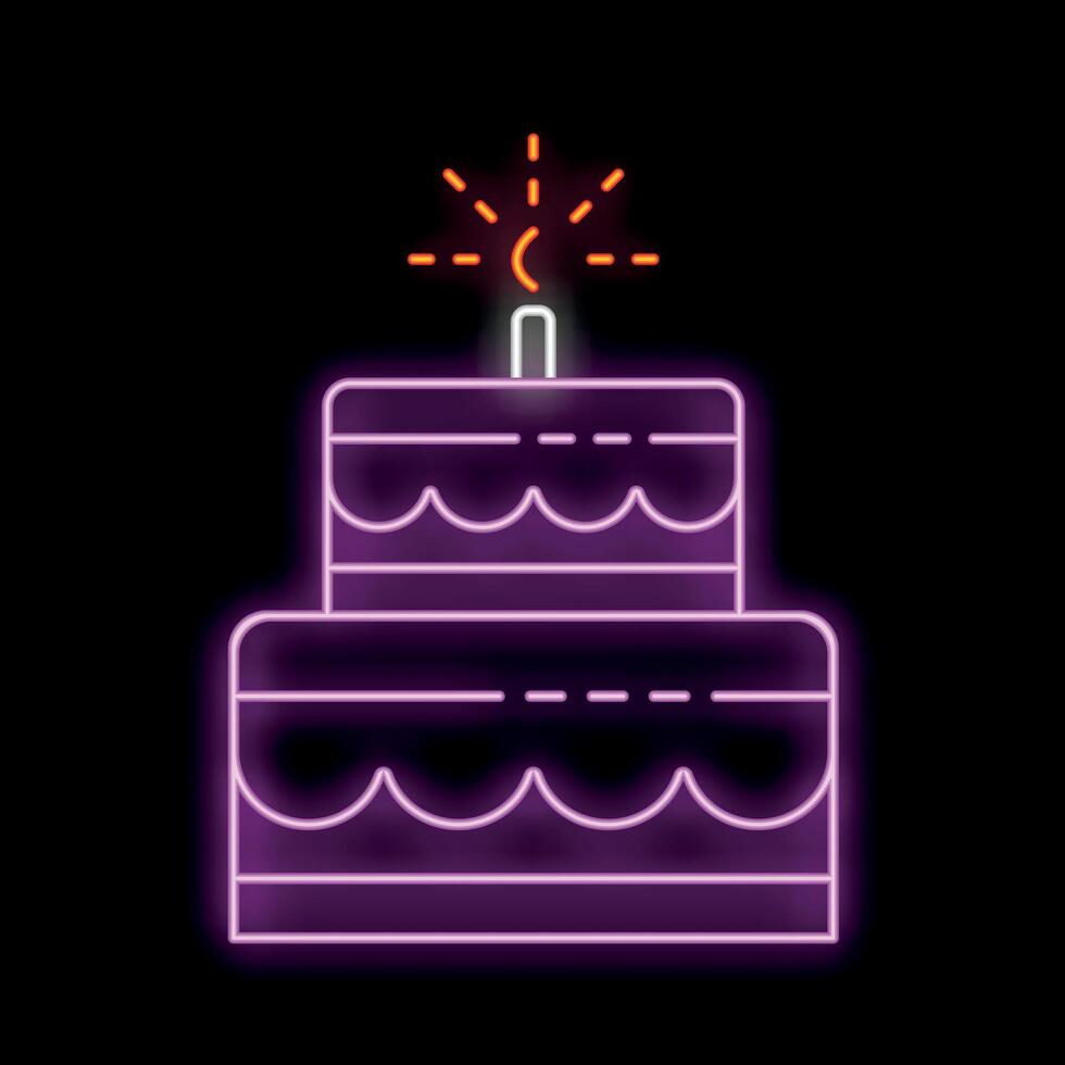 Neon sign showing a two tier birthday cake with a single candle on top vector