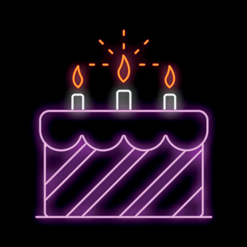 Neon birthday cake with burning candles shining brightly on black background vector
