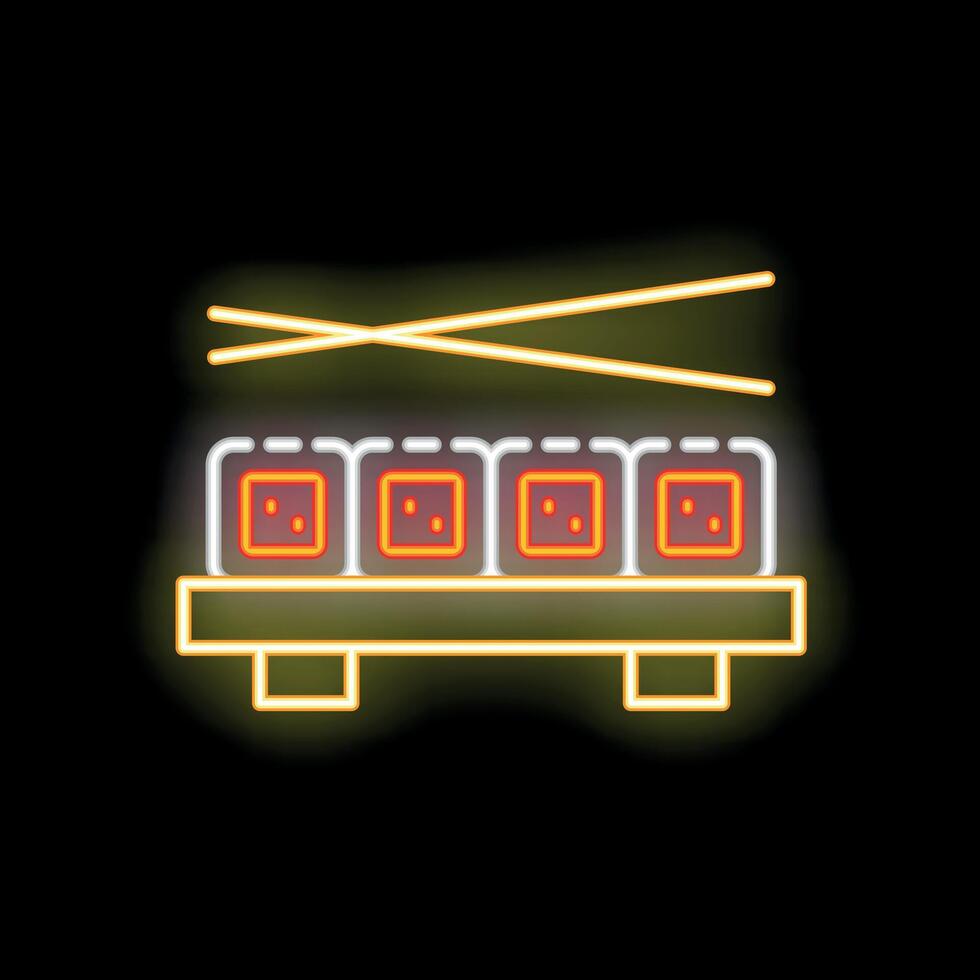 Glowing neon line icon representing sushi on a cutting board with chopsticks vector