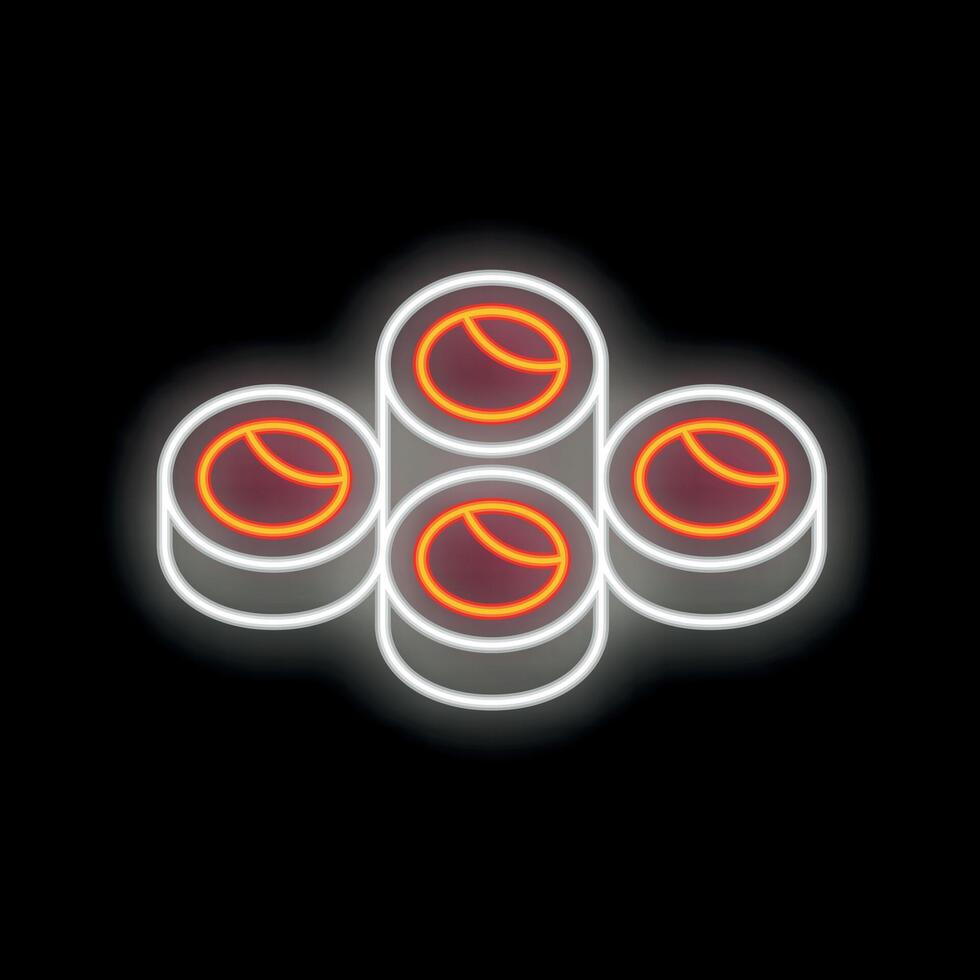 Bright neon sign showing four sushi rolls on black background vector