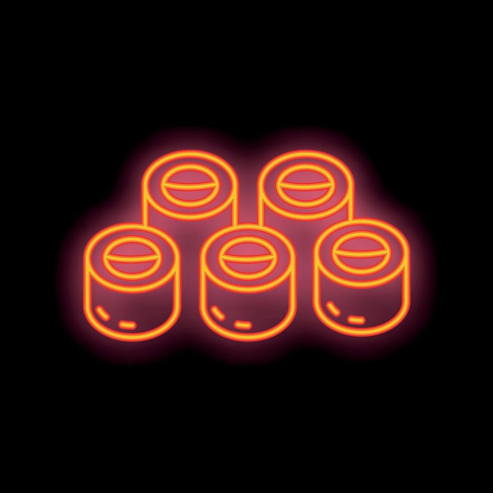 Bright neon sign showing five sushi rolls glowing on black background vector