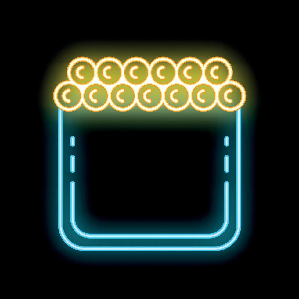 Neon sign representing a wallet full of coins on a black background vector