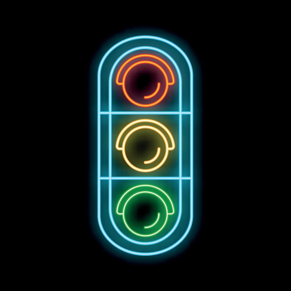 Neon traffic light glowing in red, yellow and green on a black background vector