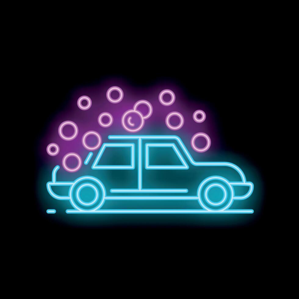 Neon sign of car wash with soap suds on dark background vector