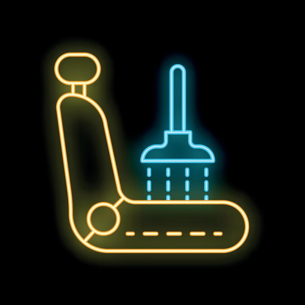 Neon icon of car seat being cleaned with shower head vector