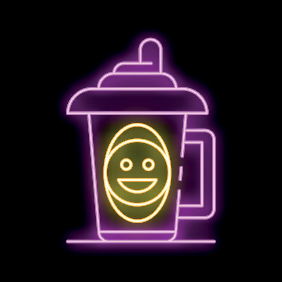 Neon sign of a coffee cup showing a happy emoji on a black background vector
