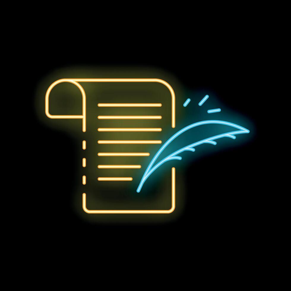 Neon sign of feather pen writing on paper document vector