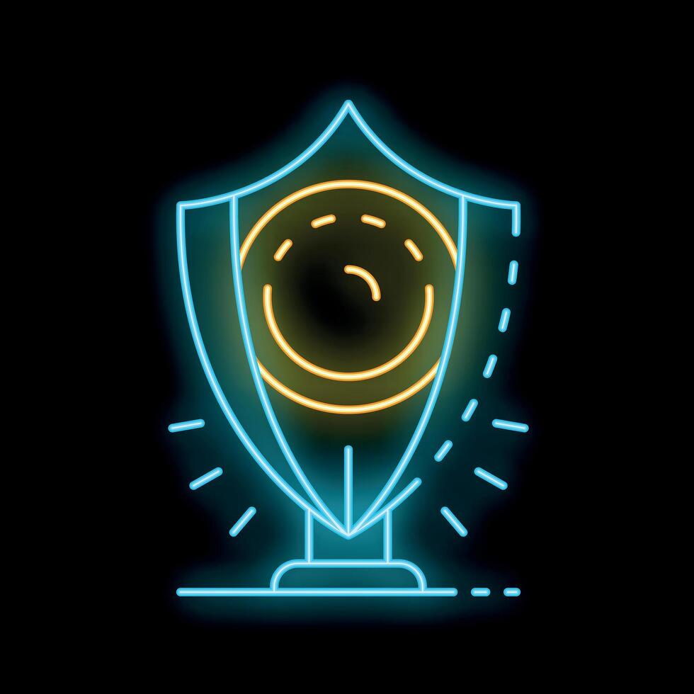 Neon shield protecting a smiley face on black background vector