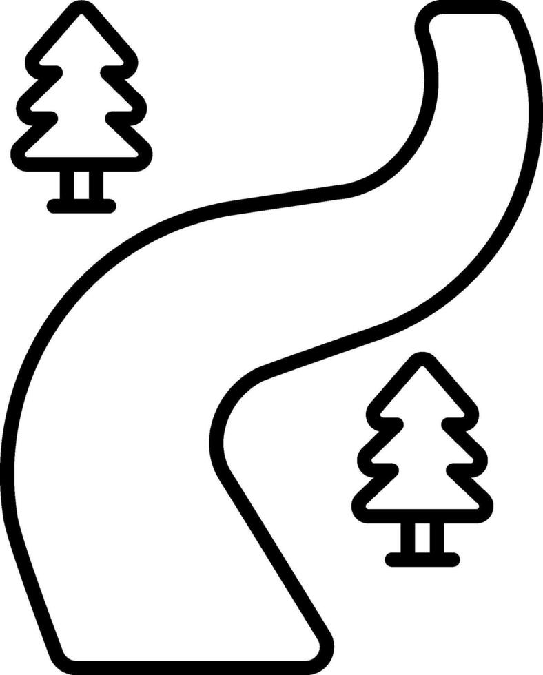 A black and white line drawing of a road with trees vector