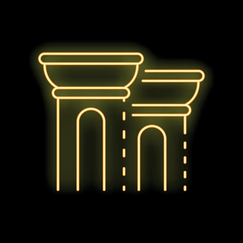 Yellow glowing neon line column with capital icon isolated on black background vector