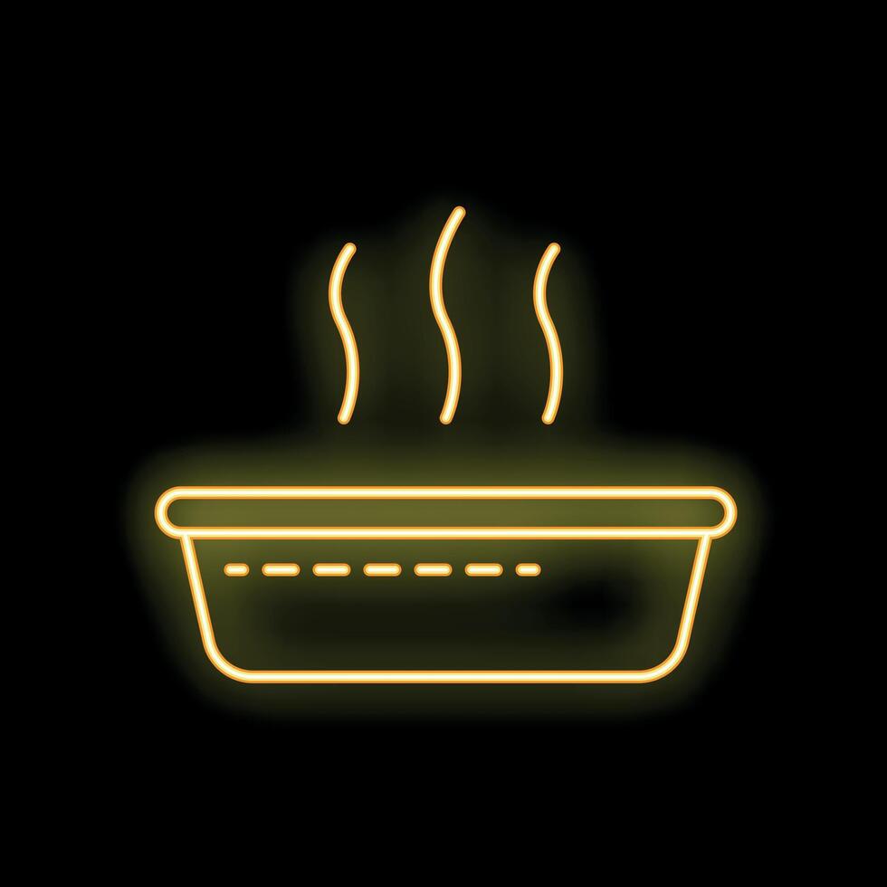 Neon yellow steaming food container glowing on black background vector