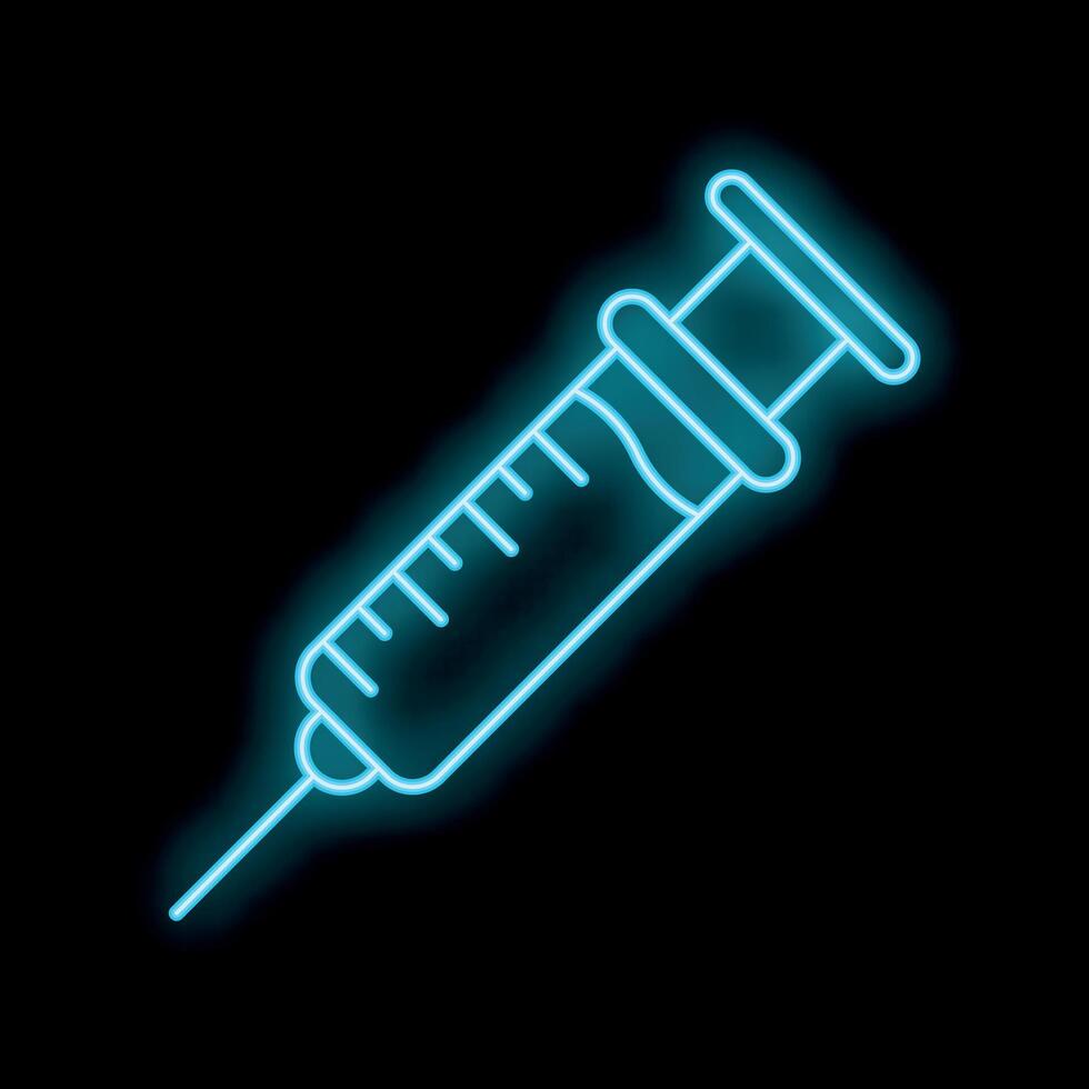 Blue neon syringe glowing on black background vector