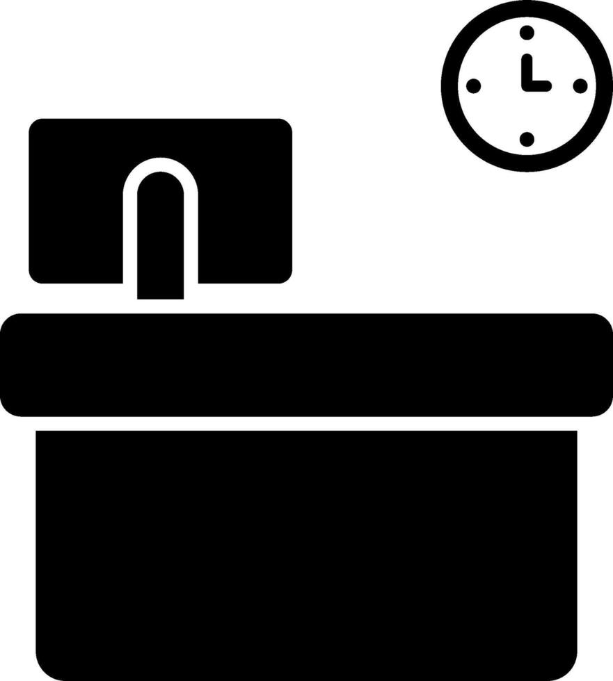 A black and white image of a desk with a clock vector