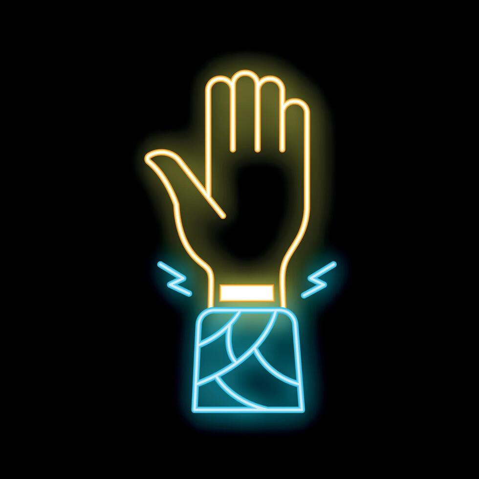 Neon icon of hand experiencing pain with blue bandage vector