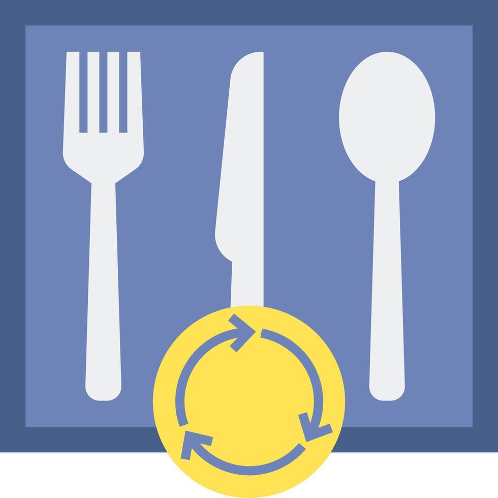 A fork, knife and spoon are shown in a blue square vector