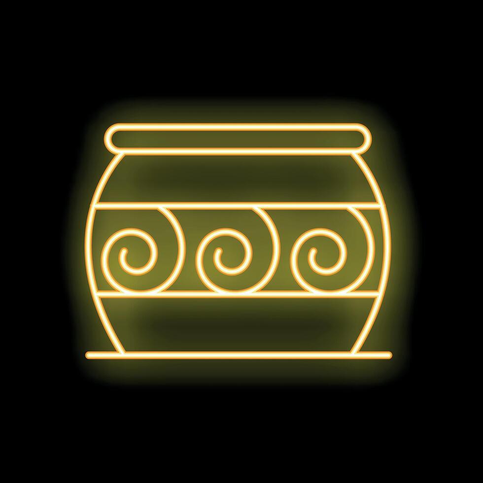 Neon yellow clay pot glowing on black background vector