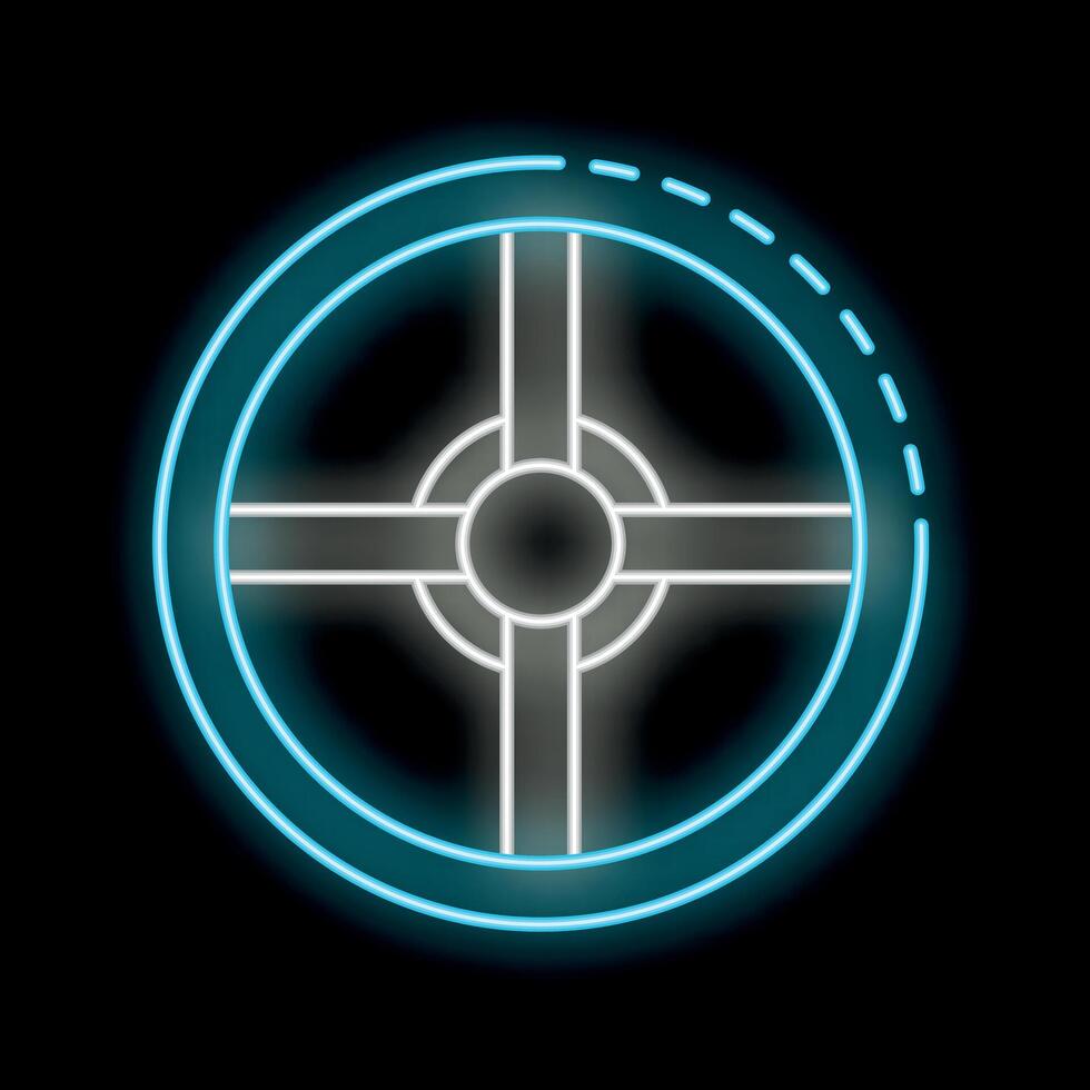 Neon sign representing a round window with a cross dividing it in four sections on a black background vector