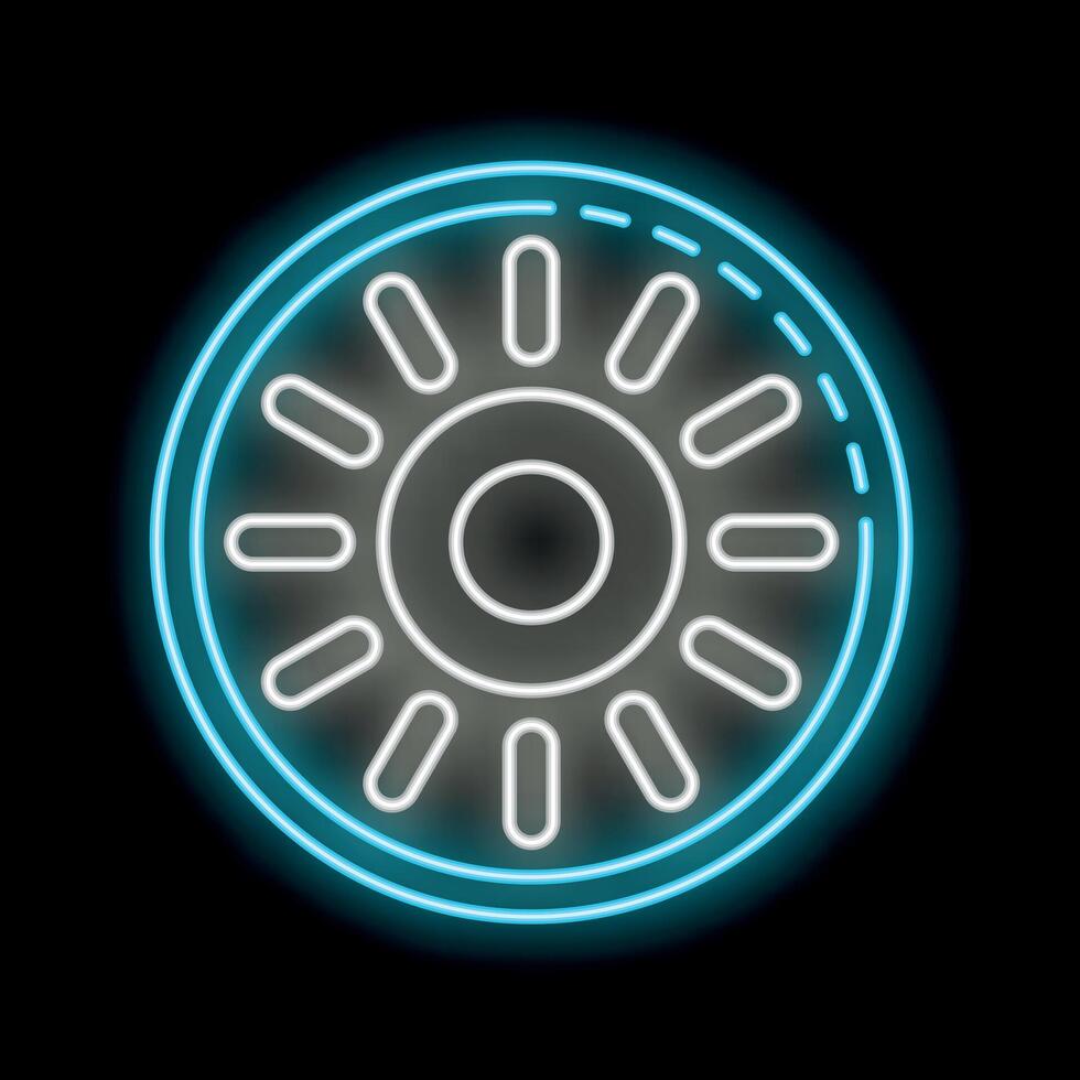 Blue neon style icon of a car wheel rim shining on black background vector