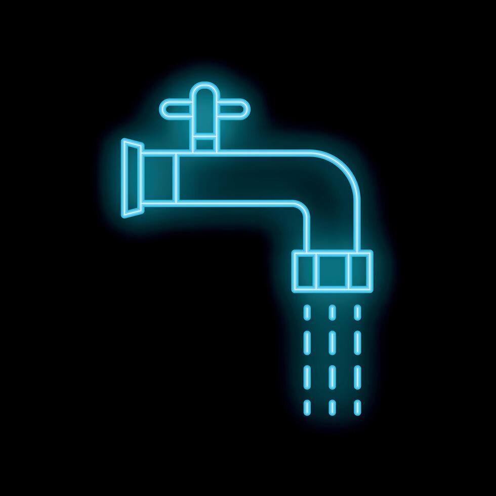 Glowing neon icon of water running from a faucet on a black background vector