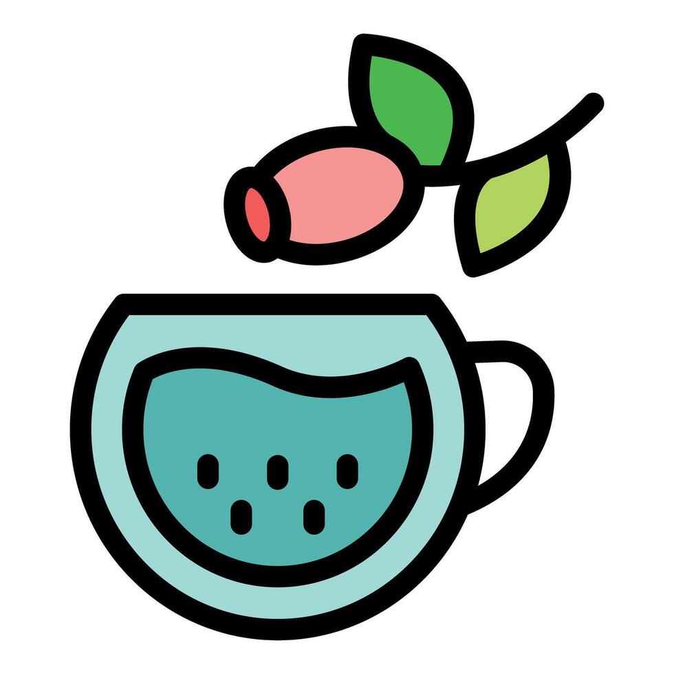 Rosehip tea brewing with berries and leaves floating above cup in cartoon style vector