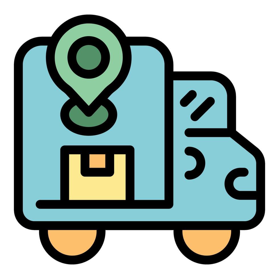 Delivery truck carrying parcel with location pin showing successful shipment vector