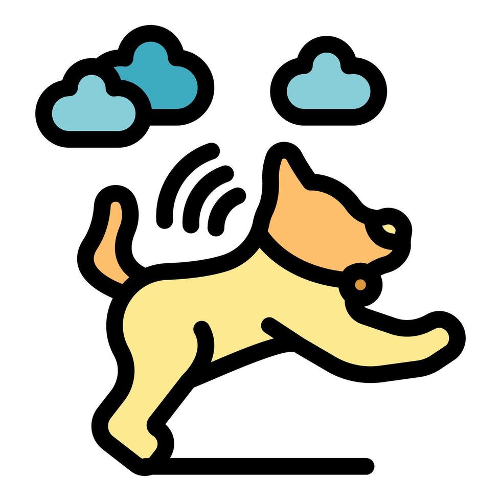 Dog is walking and wagging its tail under clouds icon vector outline