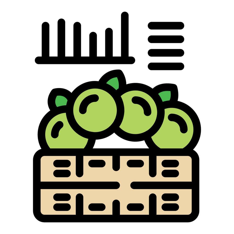 Crate full of green apples with growing statistics showing in charts above vector