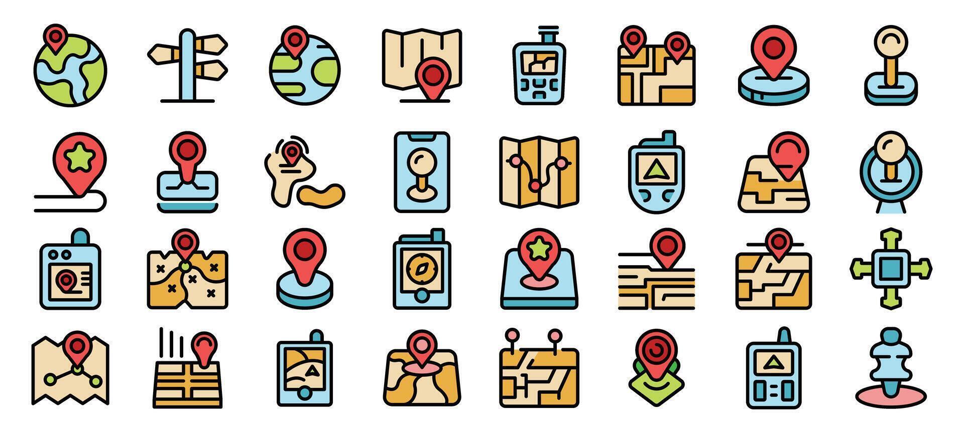 Set of location icons showing navigation, gps tracking, and points of interest on maps vector