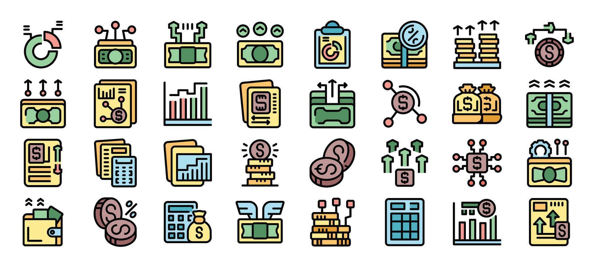 Money increasing icon set, financial growth and wealth increasing icons vector