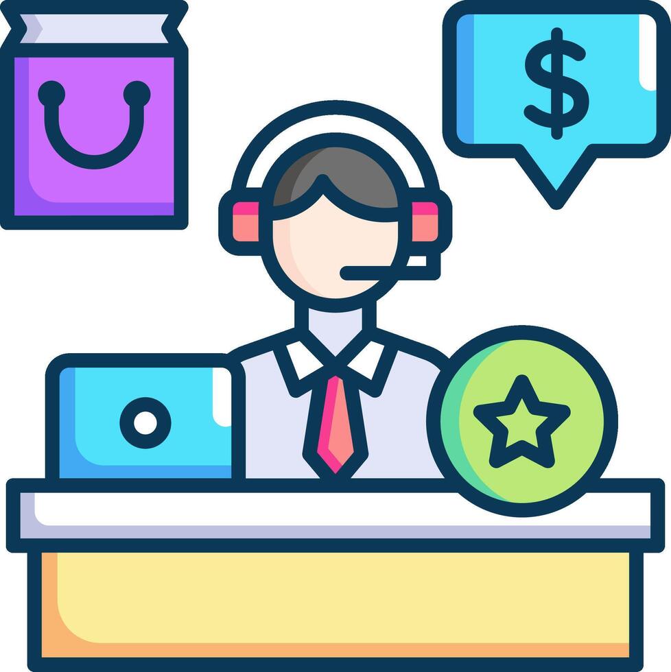 A customer service agent is working at a desk with a phone, a star and a star vector