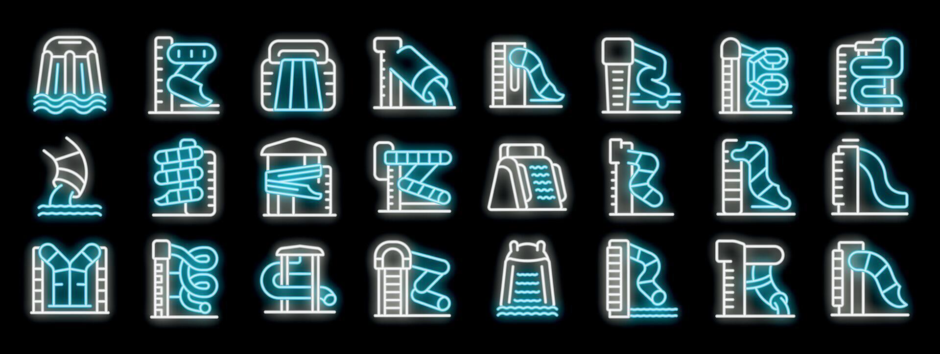 Neon aqua park icons set. Glowing signs of aquapark attractions with water slides, tubes and pools vector