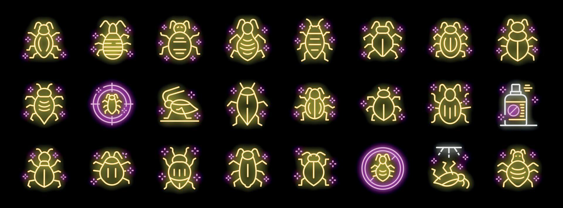 Neon glow icon set representing different types of bugs and pest control methods vector