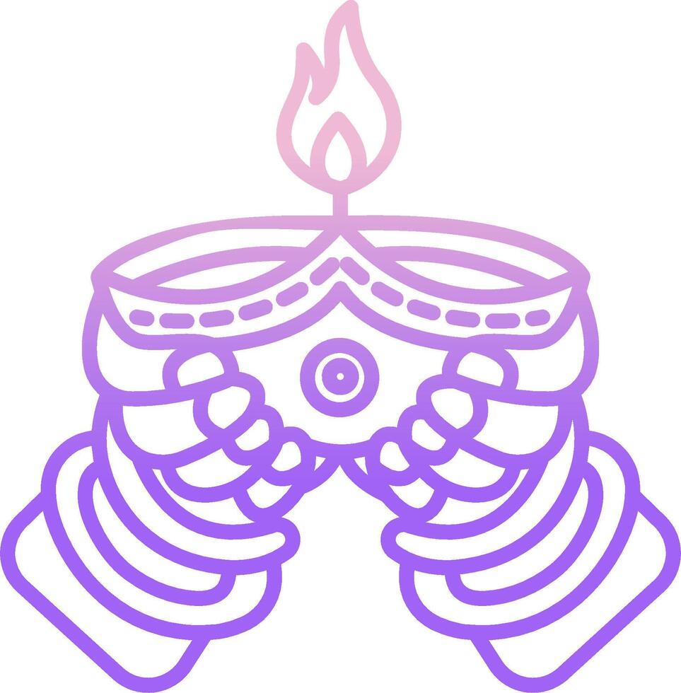 A hand holding a lit candle in a purple outline vector