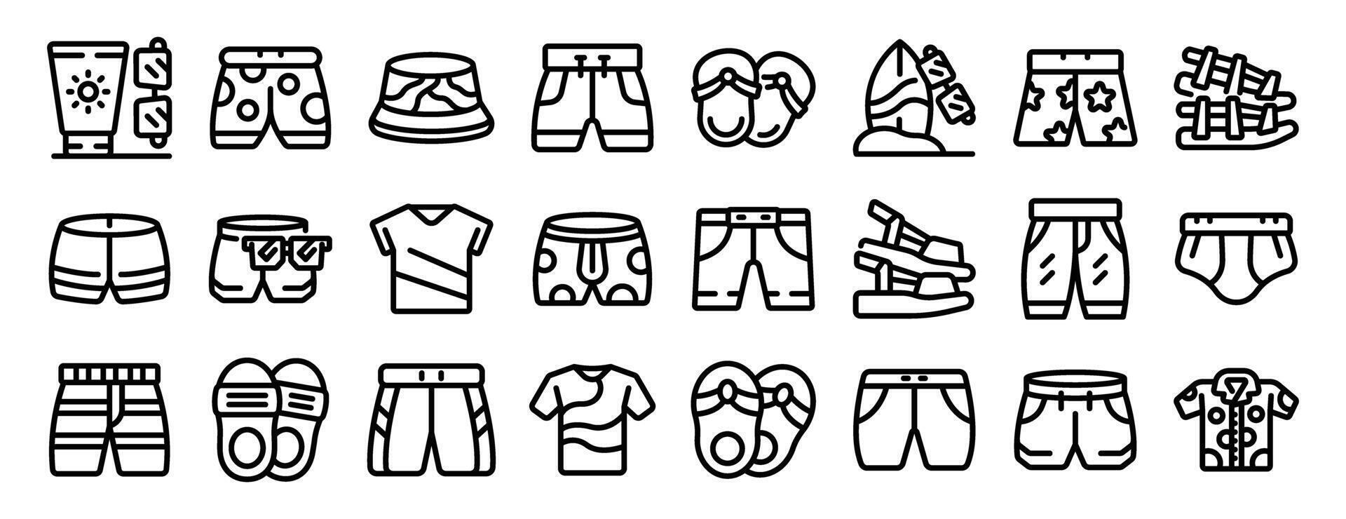 Male beach wear icons set. Man preparing summer vacation packing suitcase with swim shorts and clothes vector