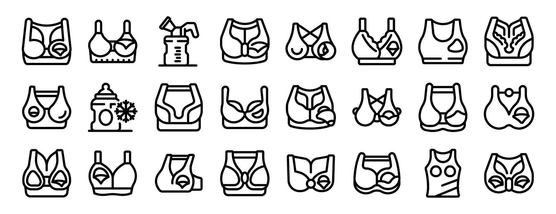 Nursing bra icons set. Woman breastfeeding and bra types icons set. Outline style vector