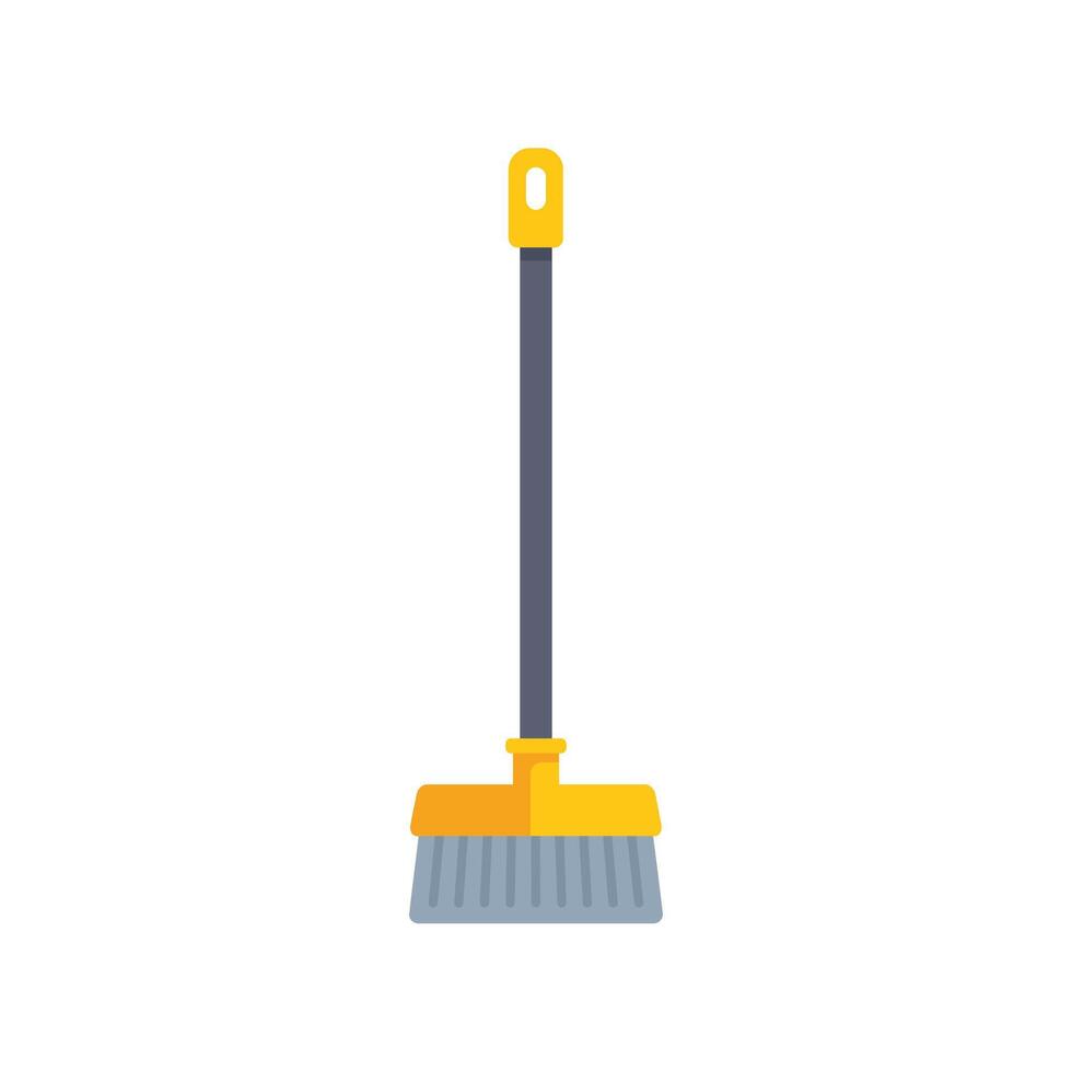 Cleaning broom standing upright with yellow handle and gray bristles vector