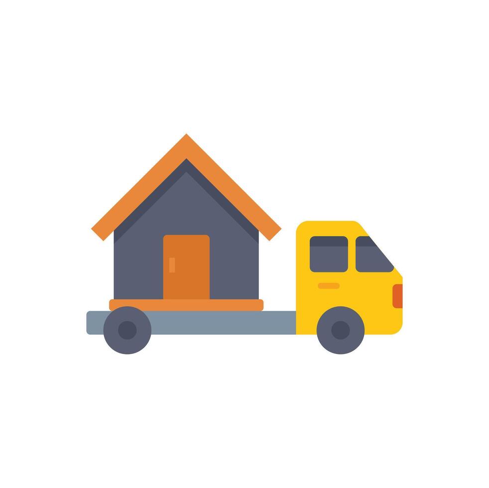 Yellow truck carrying a tiny house on a platform illustrating mobile living concept vector