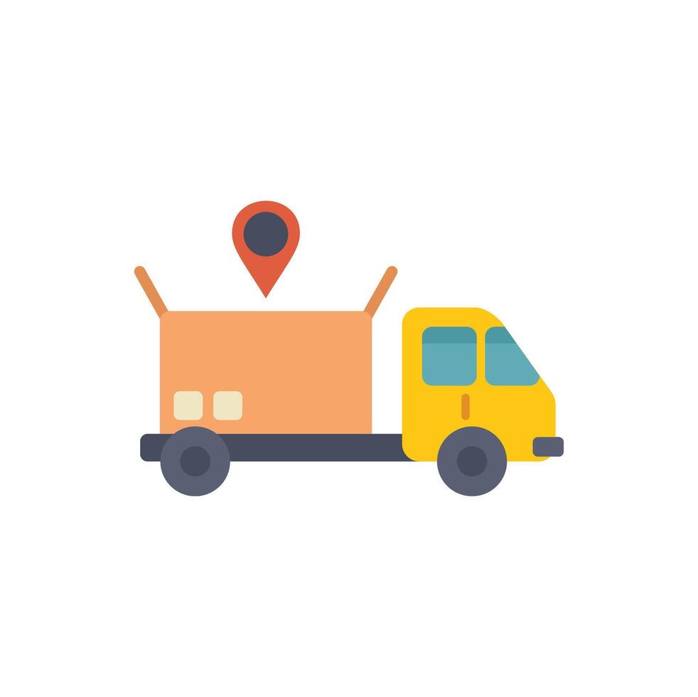 Delivery truck carrying parcel with location pin showing successful shipping and tracking vector