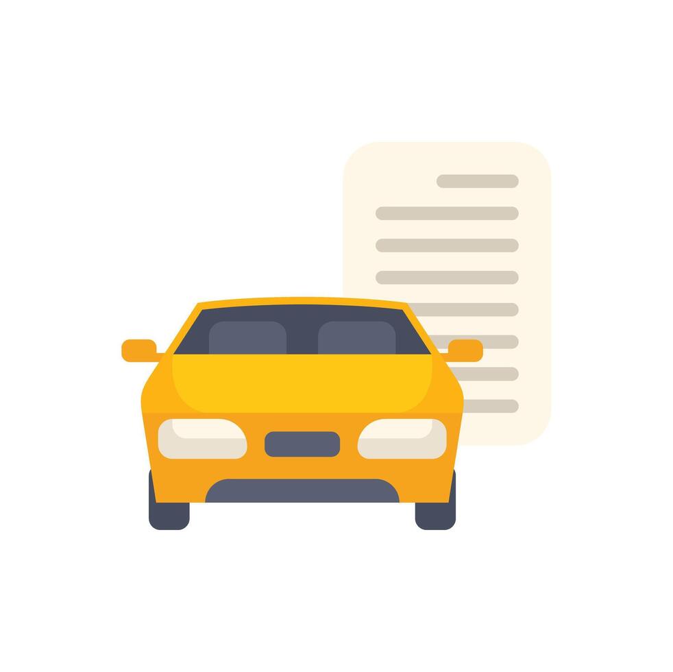 Yellow car front view parked next to document representing car insurance policy vector