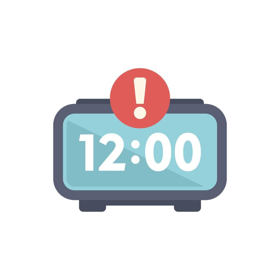 Digital alarm clock showing 12,00 with exclamation point alert vector