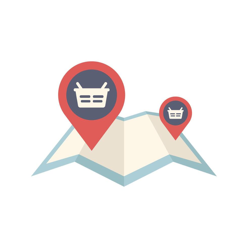 Shopping basket pinpointing locations on map vector