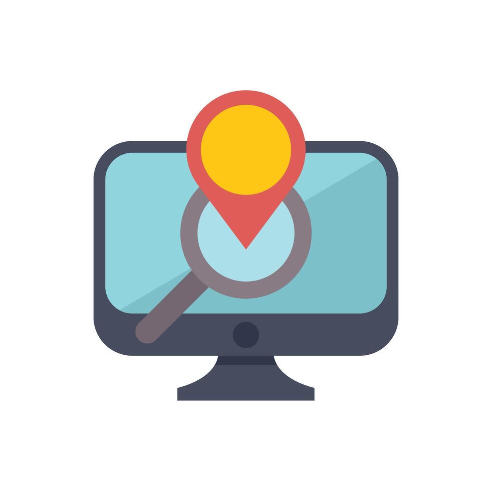 Magnifying glass exploring location pin on computer screen vector