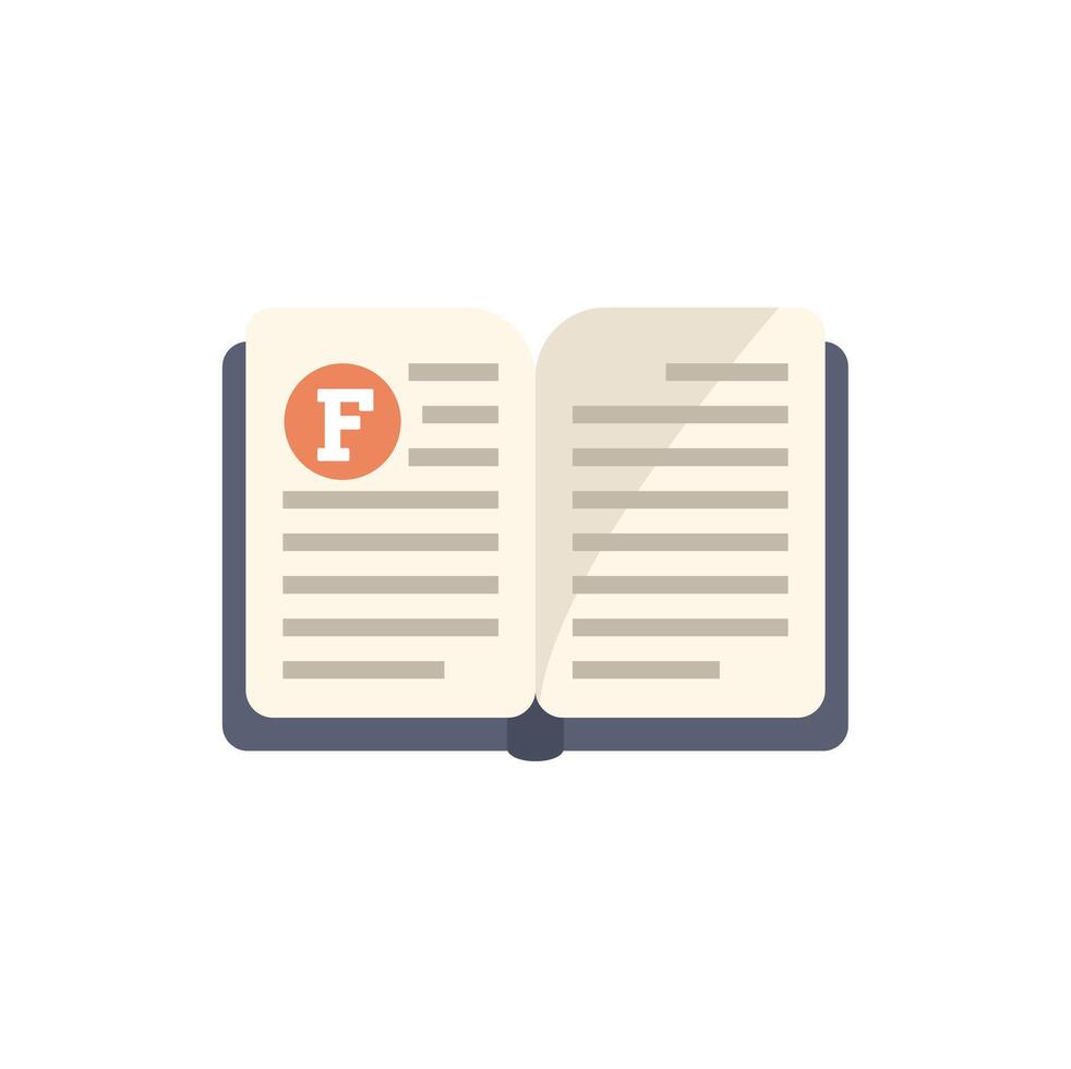 Open book with letter f bookmark showing literature studying vector