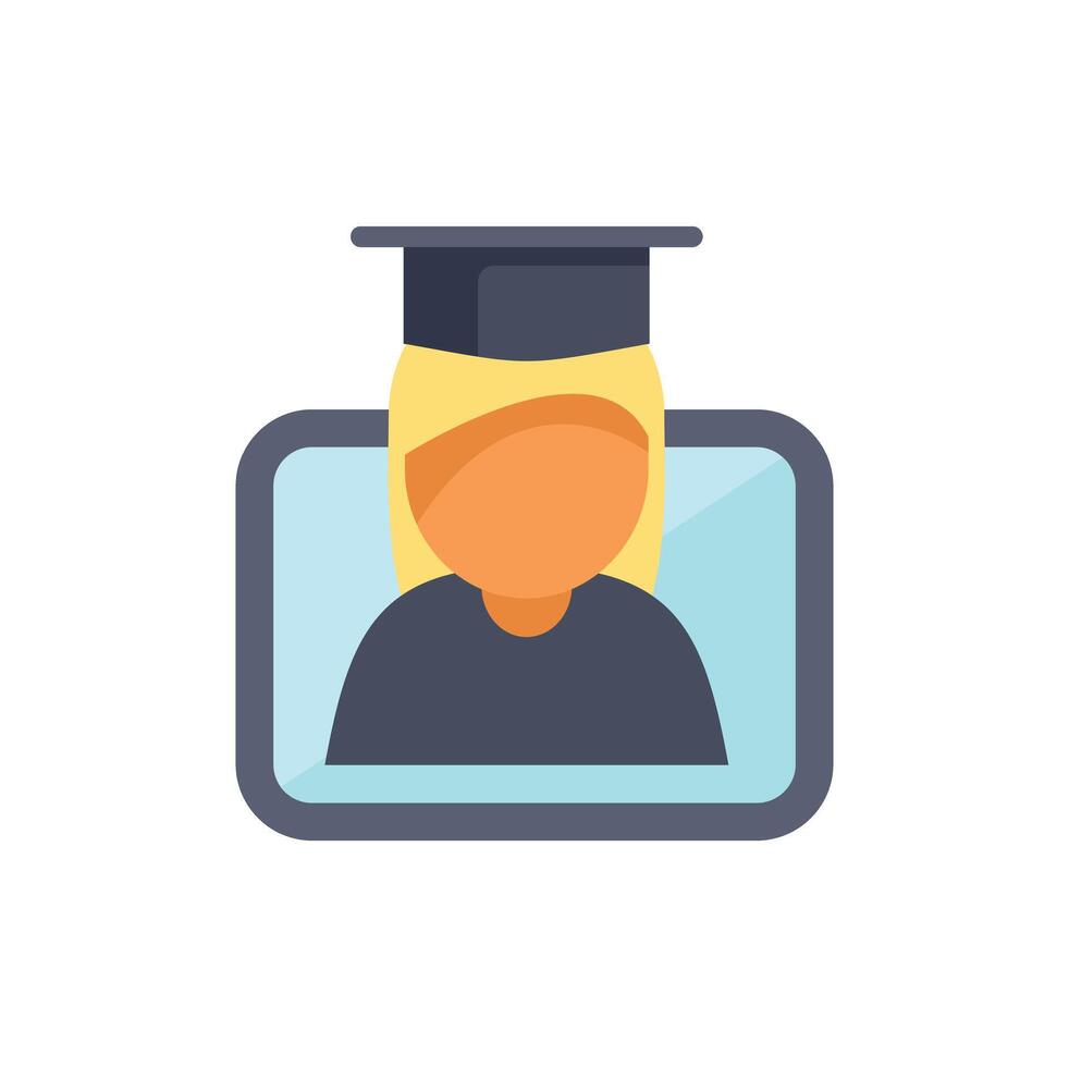 Student wearing graduation cap attending online ceremony on computer screen vector