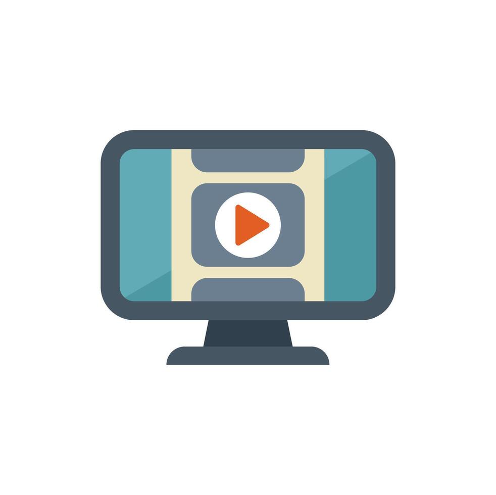 Desktop computer displaying video player interface with play button vector
