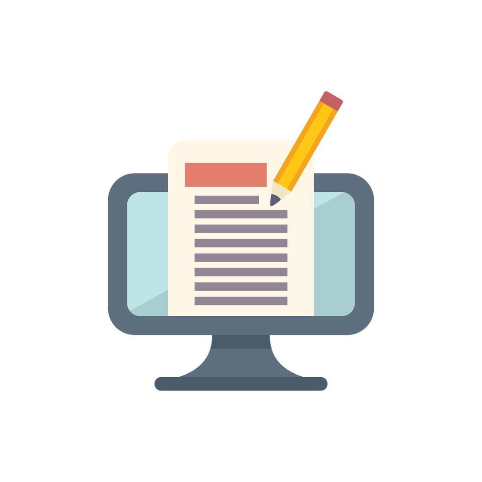 Pencil editing text on computer screen with cursor in flat cartoon style vector