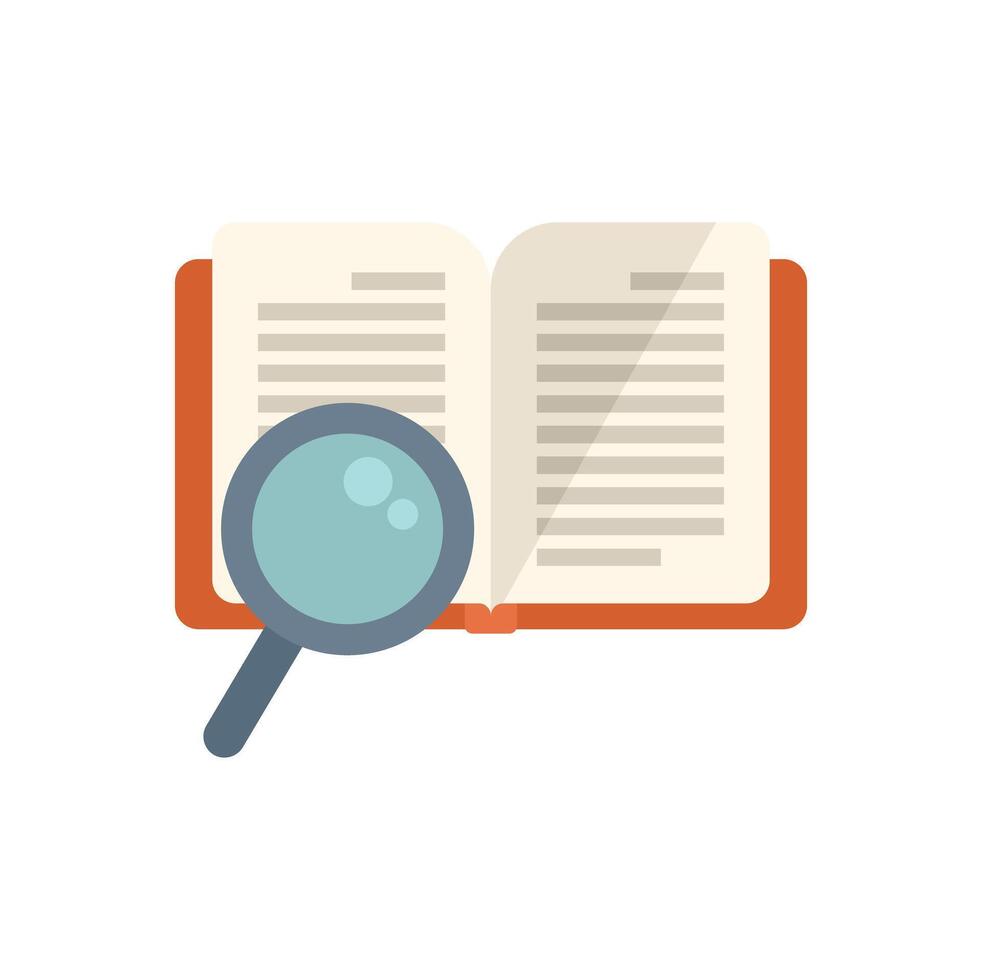 Magnifying glass exploring open book seeking knowledge vector