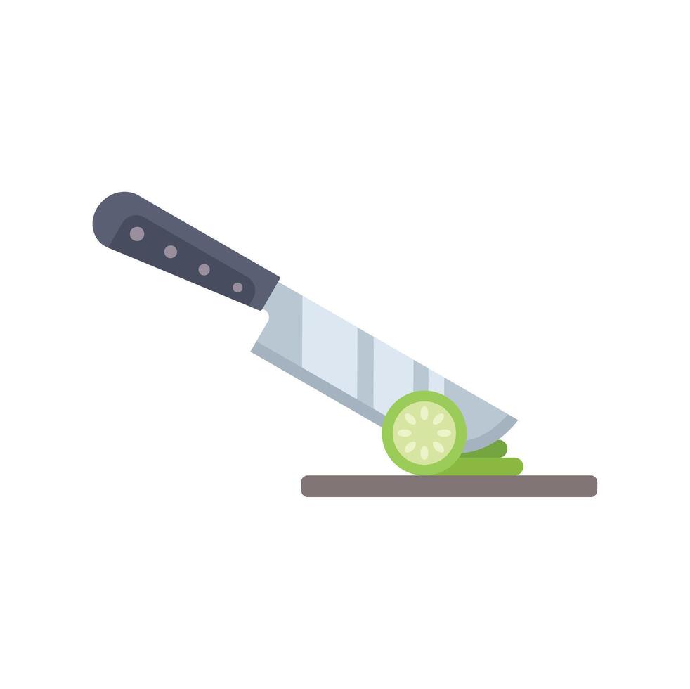 Kitchen knife slicing cucumber on chopping board vector